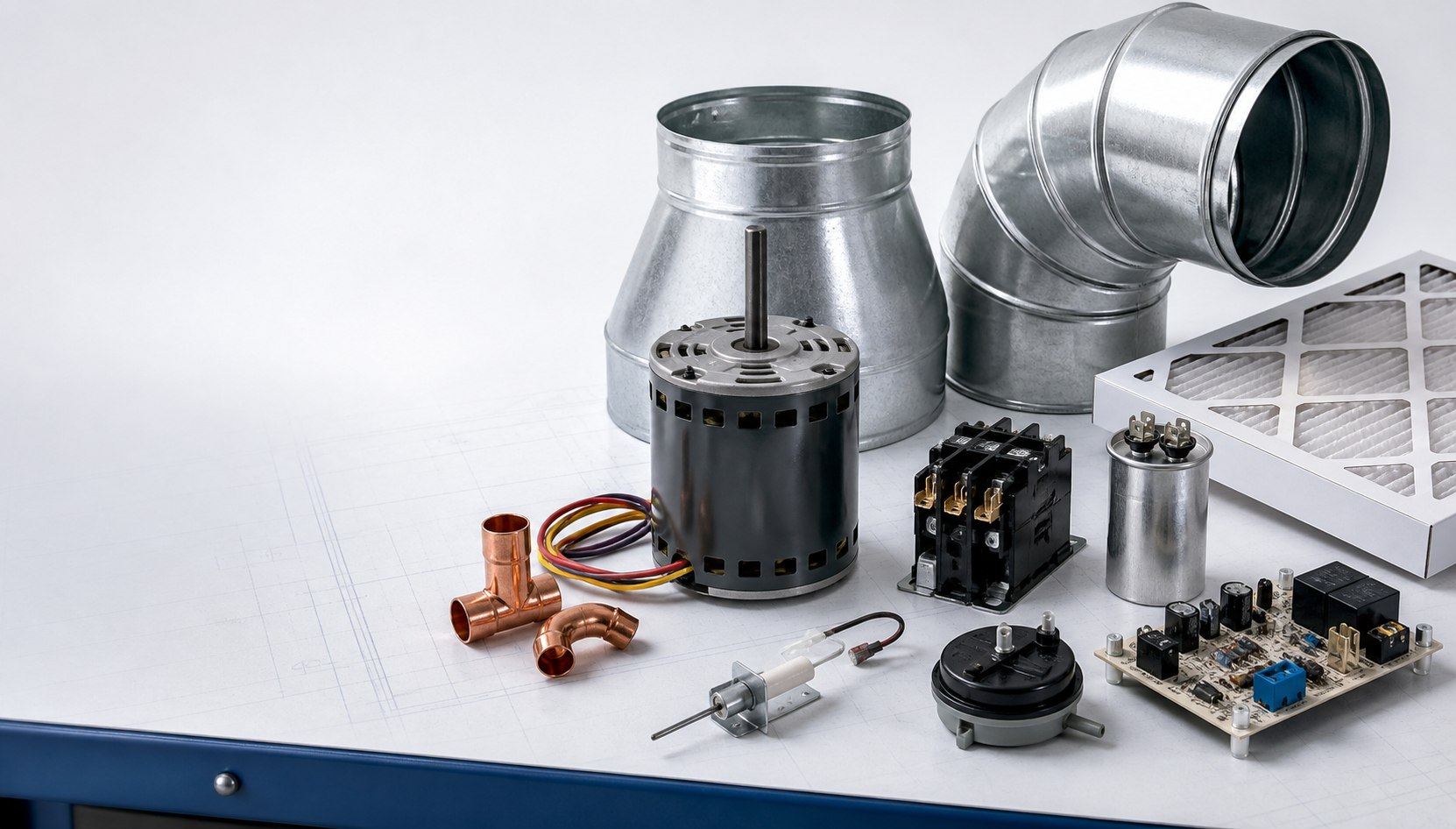HVAC repair parts arranged on a professional parts bench